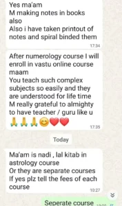 Student testimonial for Gitu Divine Touch Numerology Course praising the easy teaching method, lifetime understanding of complex subjects, detailed study notes, and plans to enroll in the Vastu online course.