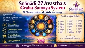 Snānādi 27 Avastha and Graha-Samaya system chart showing 27 planetary states, calculation method, Vimshottari Dasha years, interpretation and remedies by Gitu Divine Touch.