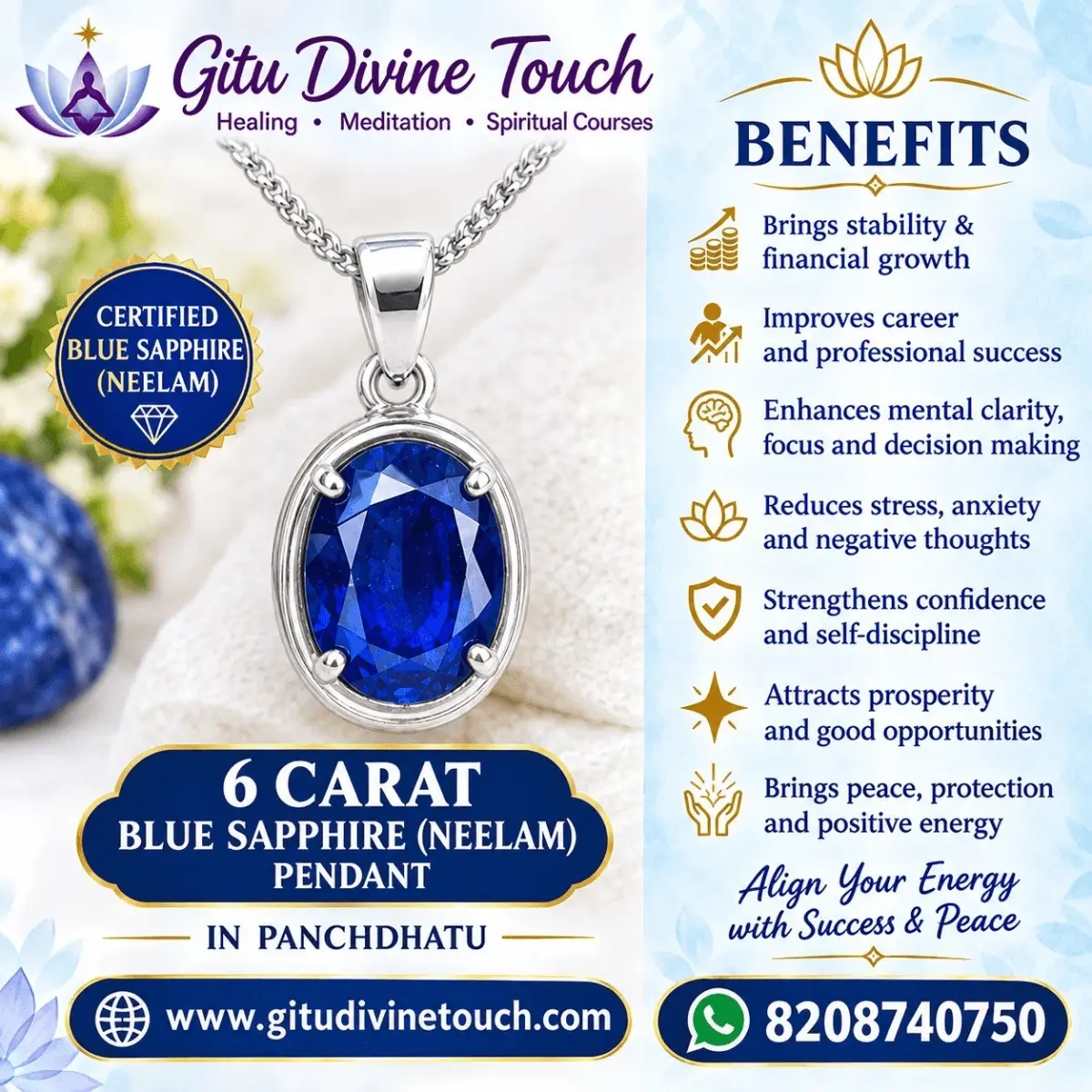 6 carat blue sapphire neelam pendant