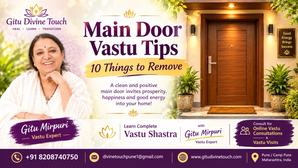 Main door Vastu tips showing a clean Indian home entrance with a wooden door, nameplate, lighting and healthy plants.
