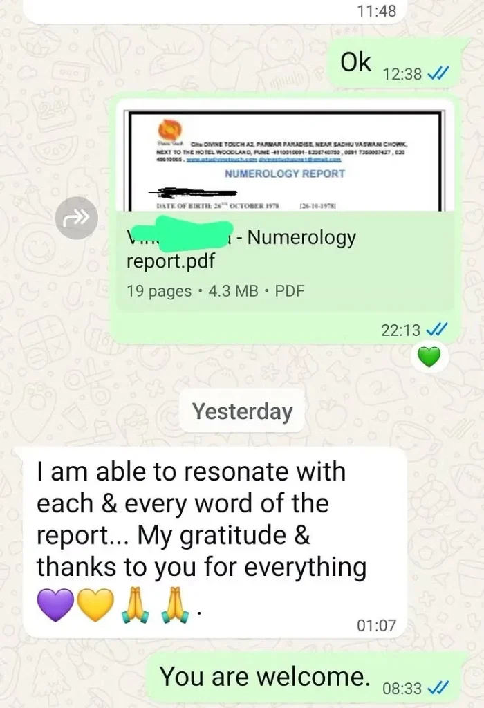Gitu Divine Touch Numerology Report customer testimonial expressing gratitude and satisfaction with a personalised numerology report