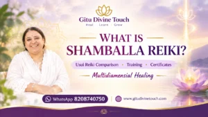 Gitu Mirpuri in a white outfit explaining Shamballa Reiki, its differences from Usui Reiki, spiritual energy practice, and training at Gitu Divine Touch.